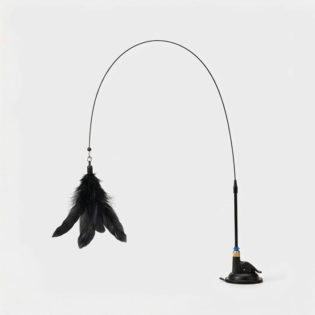 Black feather wand cat teaser toy with a lightweight plastic wand and feather lure