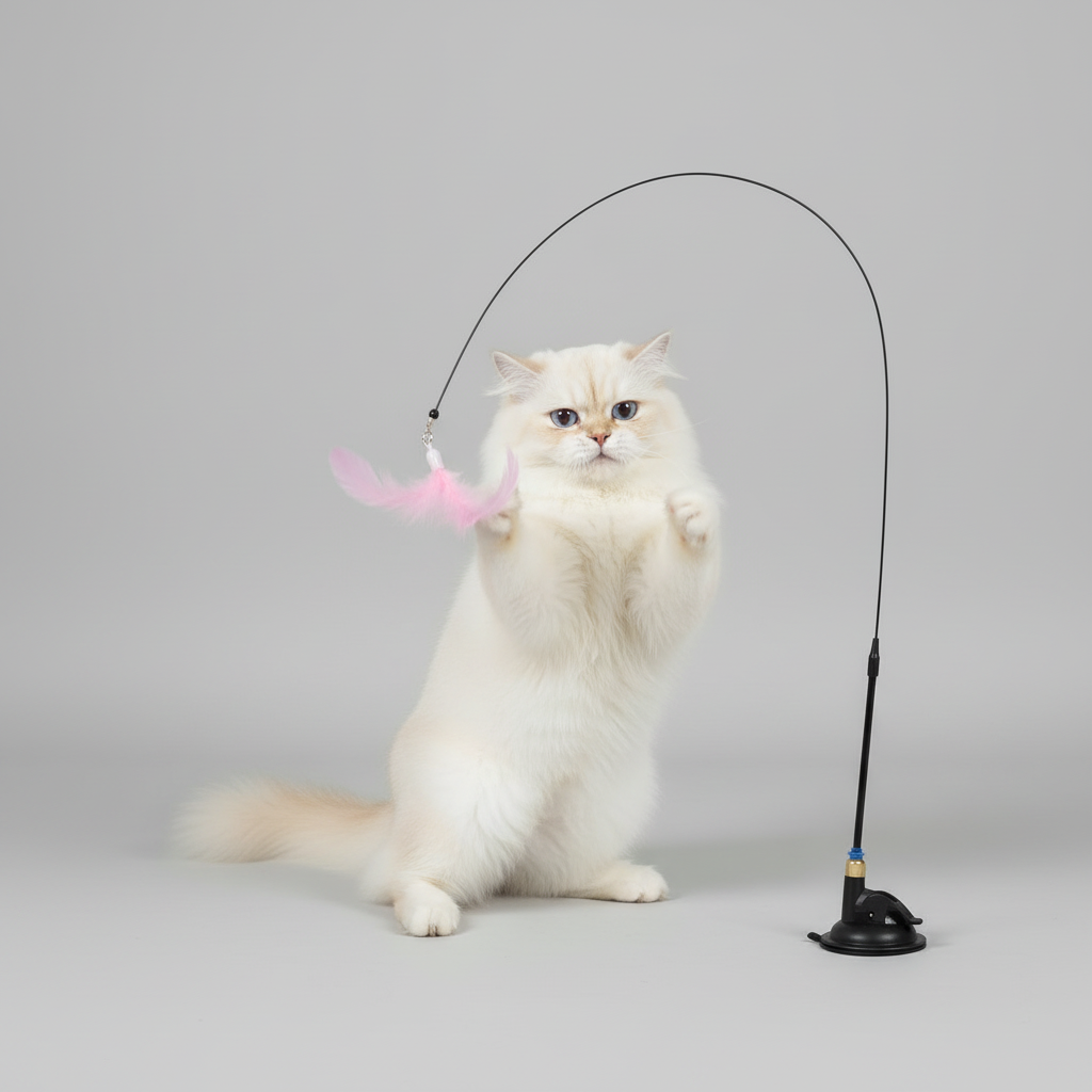 Pink cat teaser wand with a feather lure that mimics prey to spark hunting play