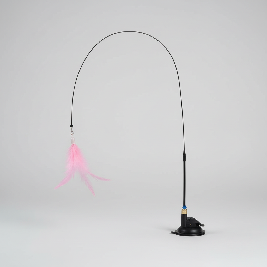 Pink feather wand cat teaser toy with a flexible plastic wand for interactive play