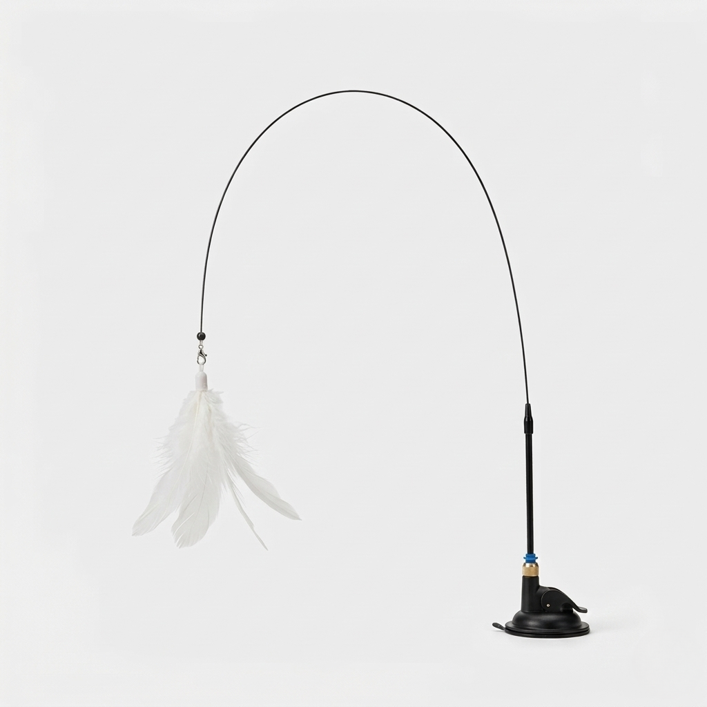 White cat teaser wand with a feather lure for interactive play with your cat