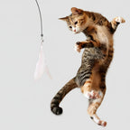 White feather wand cat teaser toy with a lightweight, flexible plastic wand