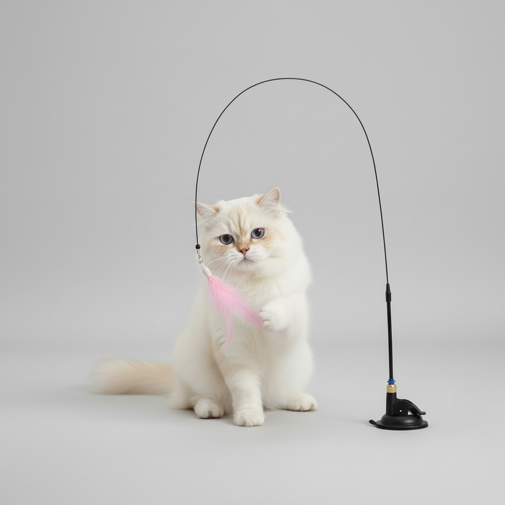Pink feather wand cat toy for hunting practice and play sessions before bed