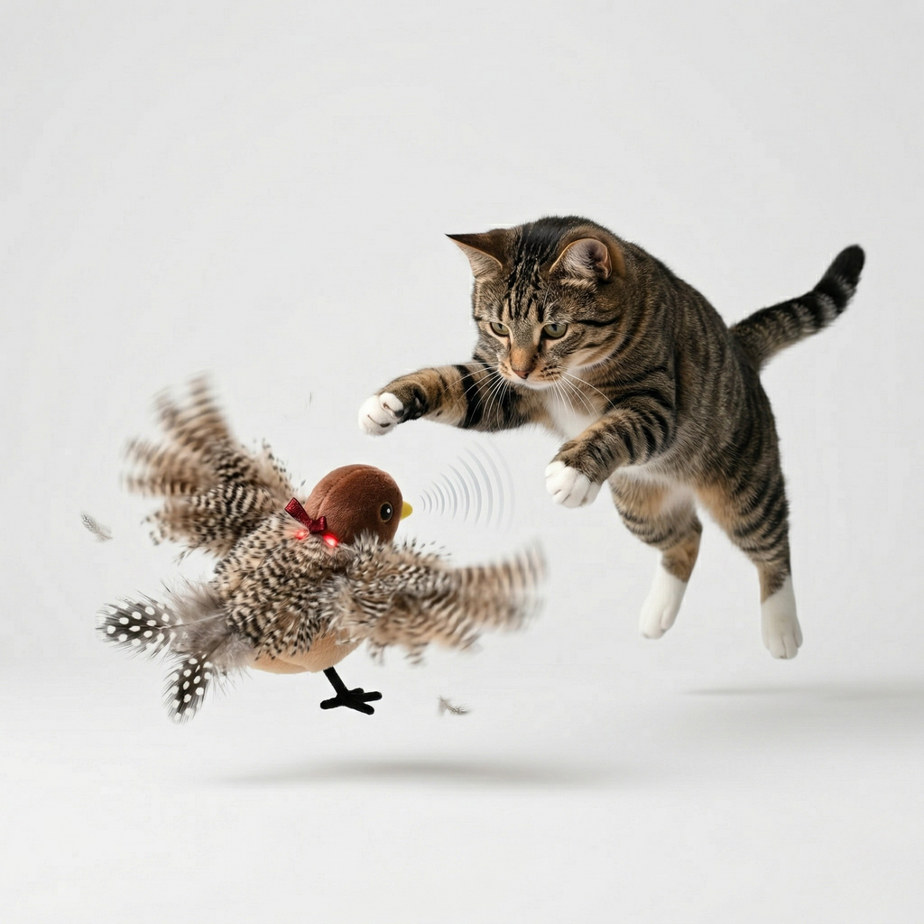 Flapping sparrow interactive cat toy with soft faux fur and wings that move like a real bird