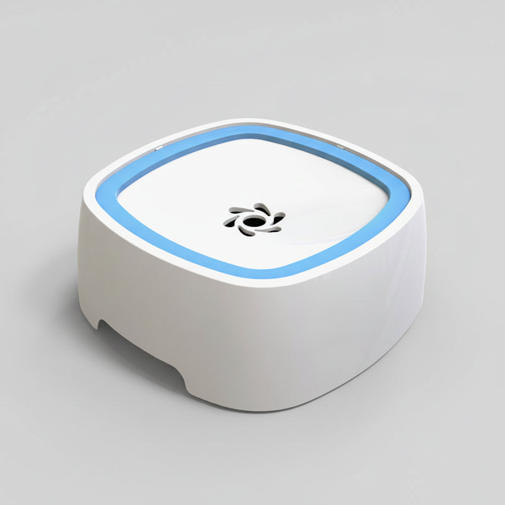 Blue no-spill dog water bowl with a floating plate that slows each drink