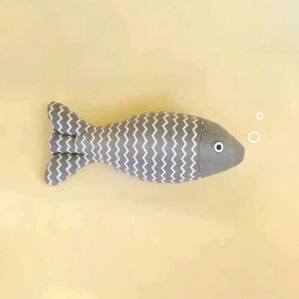 Gray plush catnip fish toy for cats and kittens that moves when touched