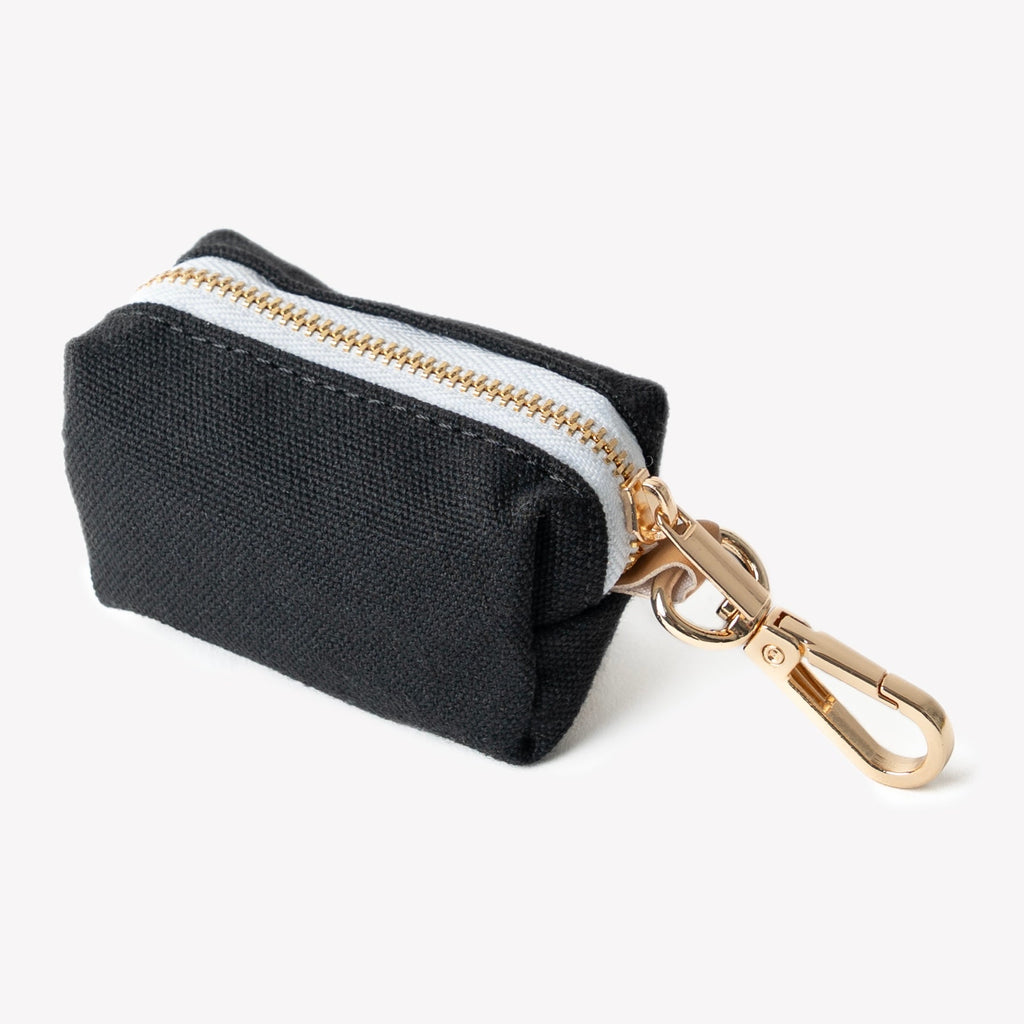FURLOU black canvas poop bag pouch with a zinc alloy clasp that clips to a leash O-ring