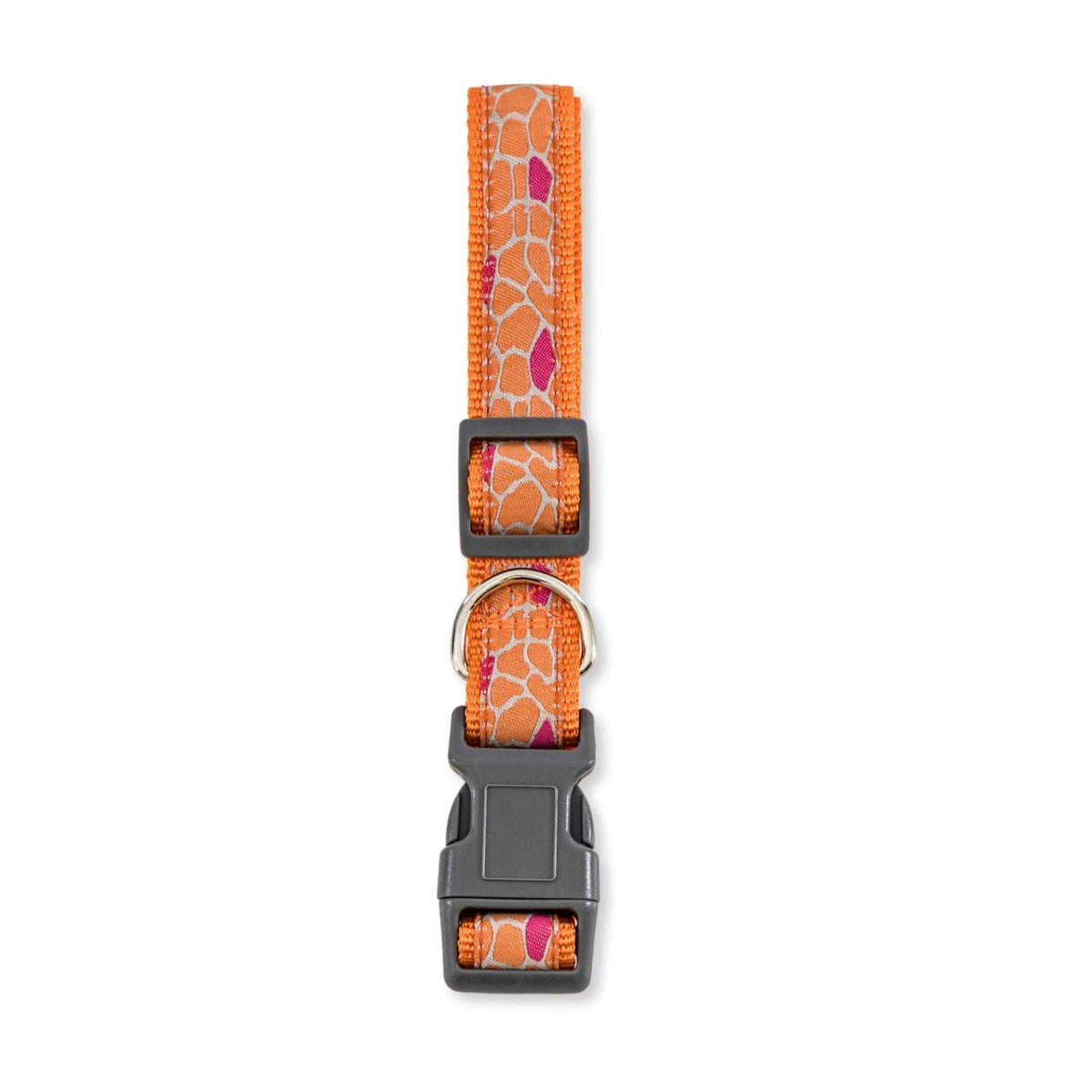 Giraffe embroidered nylon dog collar with a colorful animal-print design and metal fixings