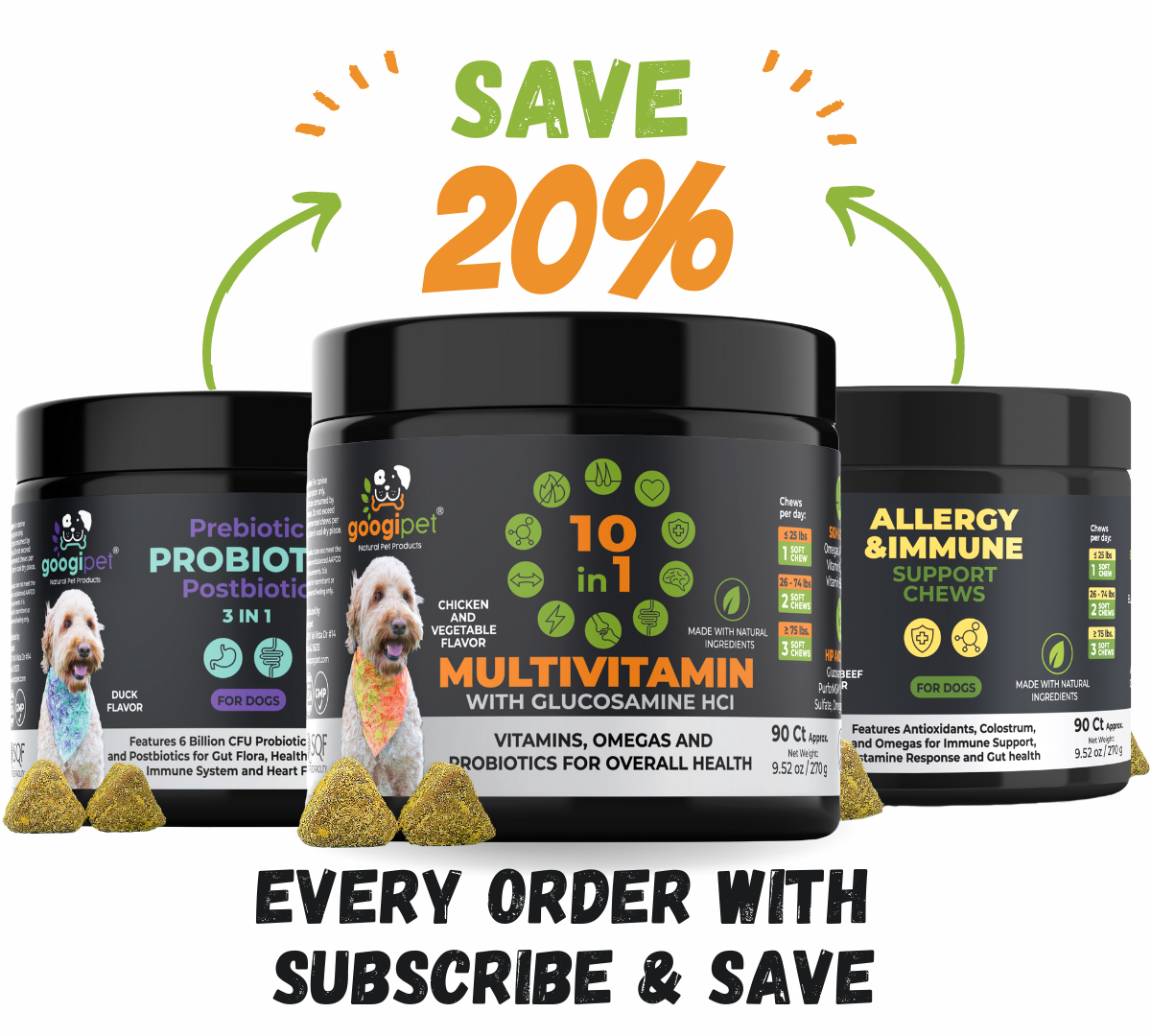 Googipet 10-in-1 Multivitamin Chews for puppies, adults and seniors of all sizes, chicken flavor