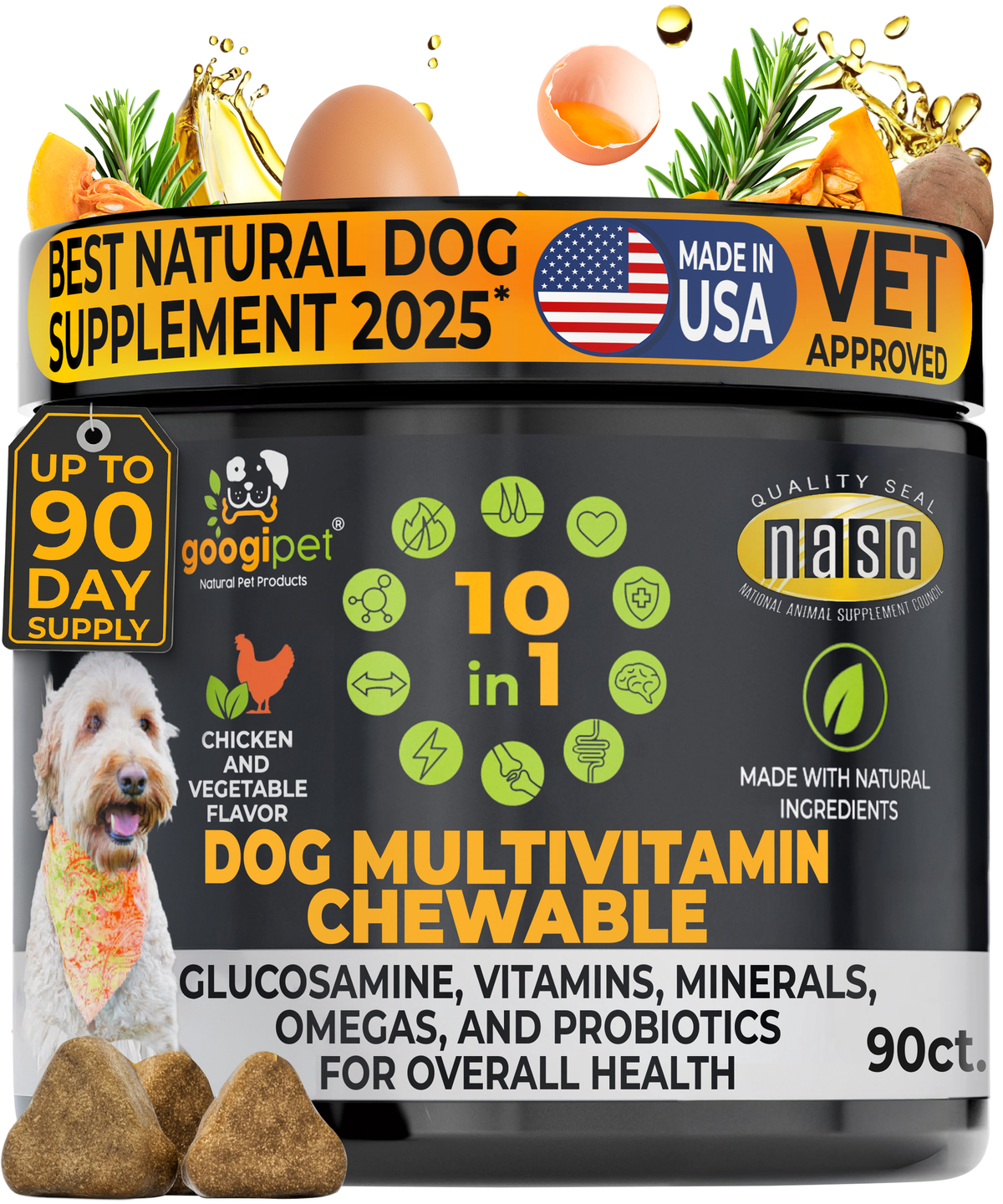 Googipet 10-in-1 Multivitamin Chews for dogs in chicken flavor, 90 soft chews with glucosamine and probiotics