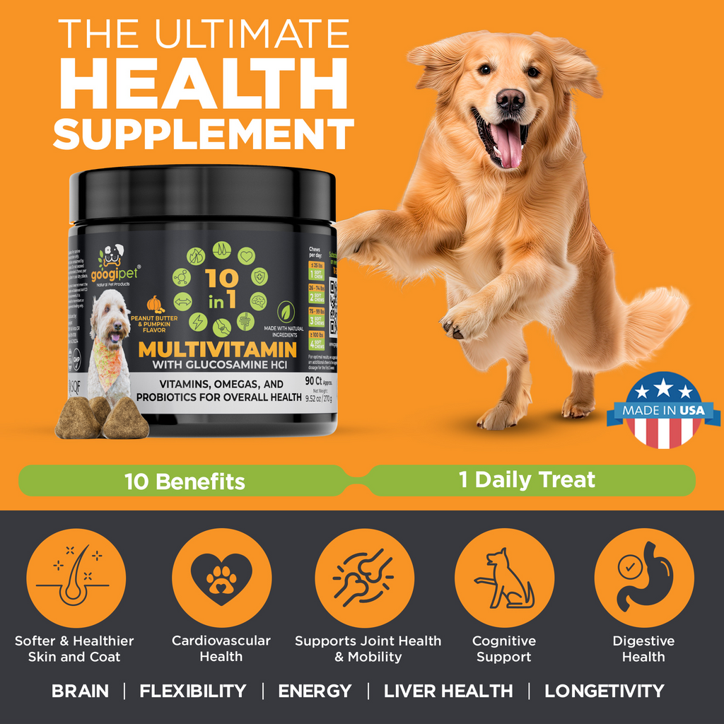 Peanut butter and pumpkin Googipet multivitamin with 400 mg glucosamine to help support joints