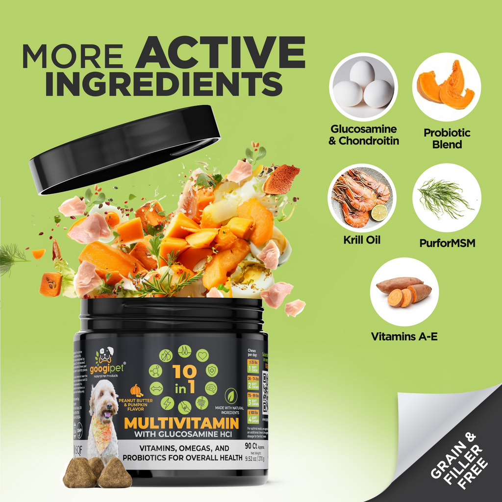 Googipet 10-in-1 peanut butter pumpkin chews with a 1 billion CFU probiotic blend for digestion