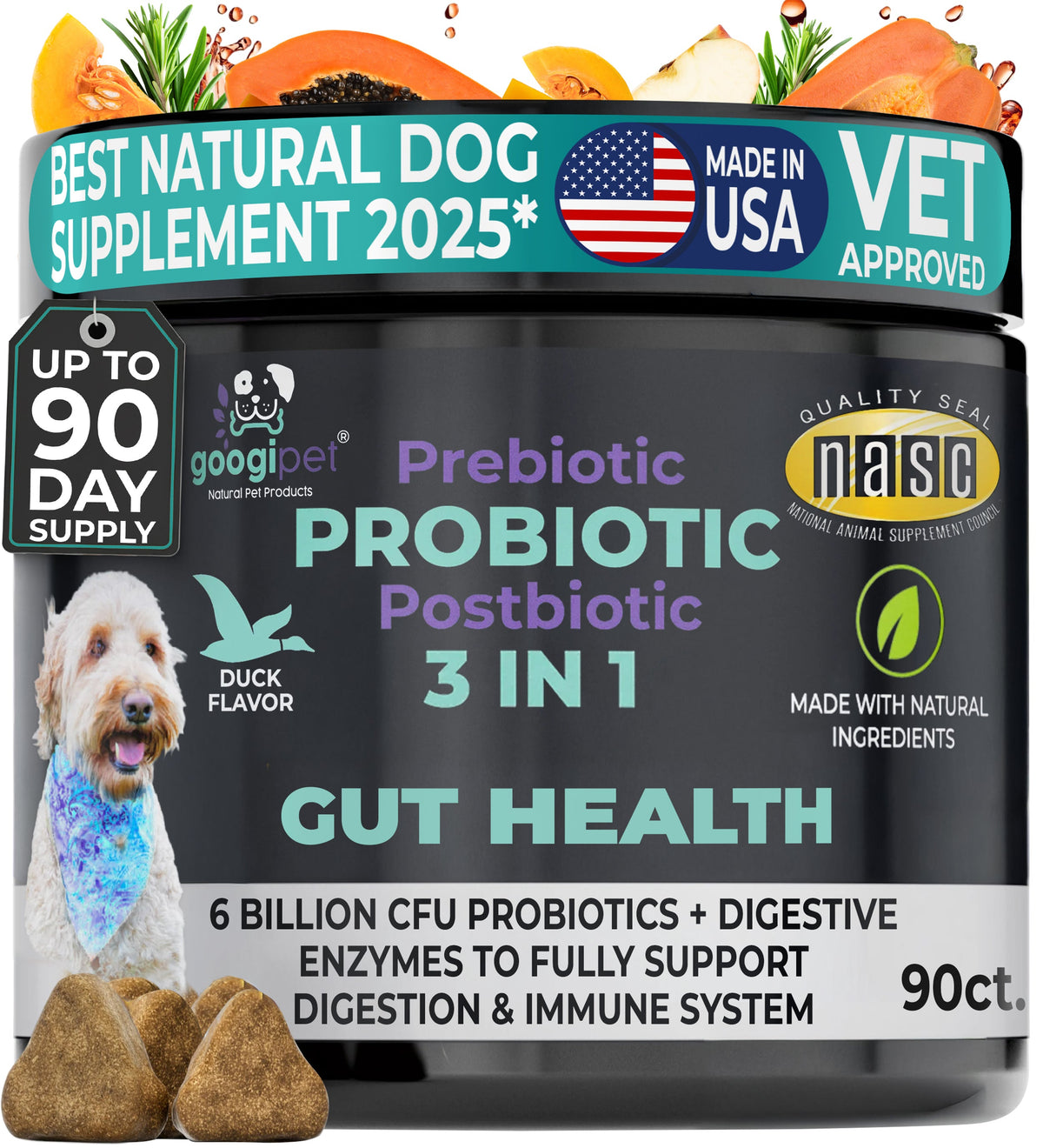 Googipet 3-in-1 Probiotic Chews for dogs, 90 soft chews with probiotics, postbiotics and prebiotic fiber