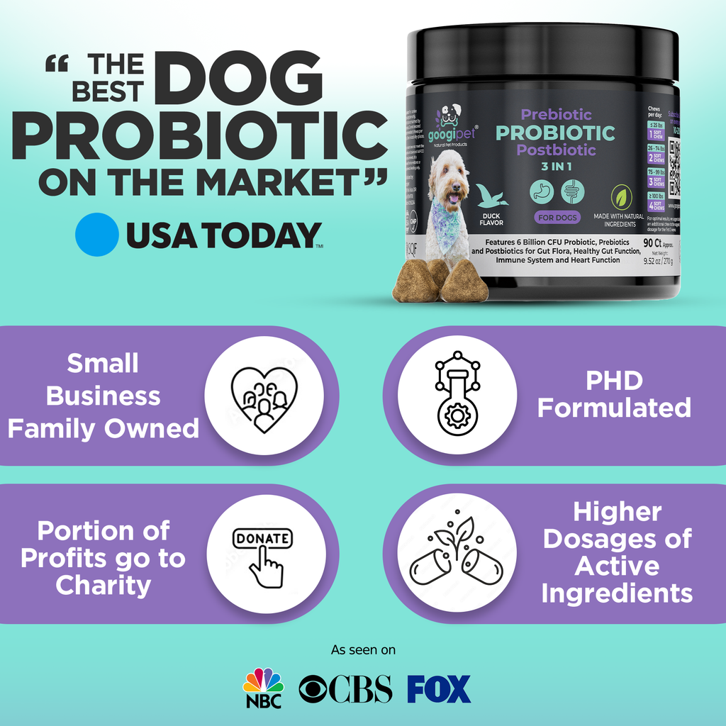 Googipet 3-in-1 probiotic dog chews made without wheat, corn, soy, sugar or GMOs