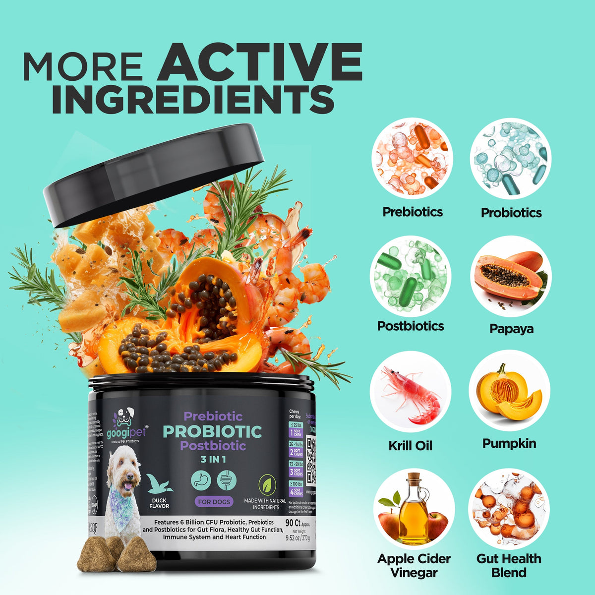 Googipet probiotic soft chews with pumpkin, apple cider vinegar and papaya for digestive support