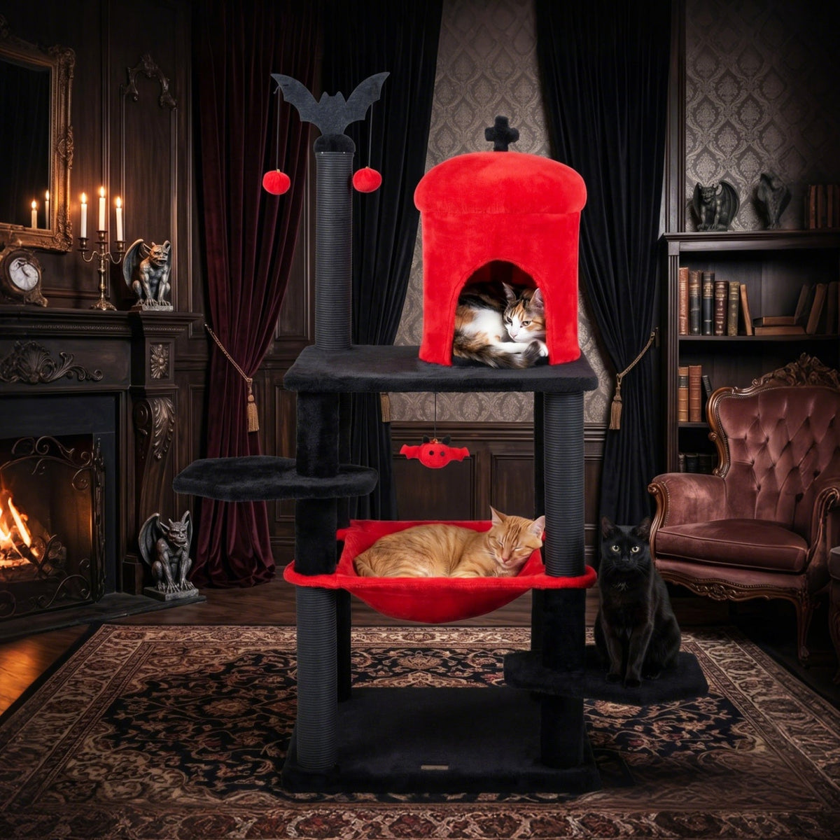 Gothic cat tree with fully wrapped paper-rope scratching posts