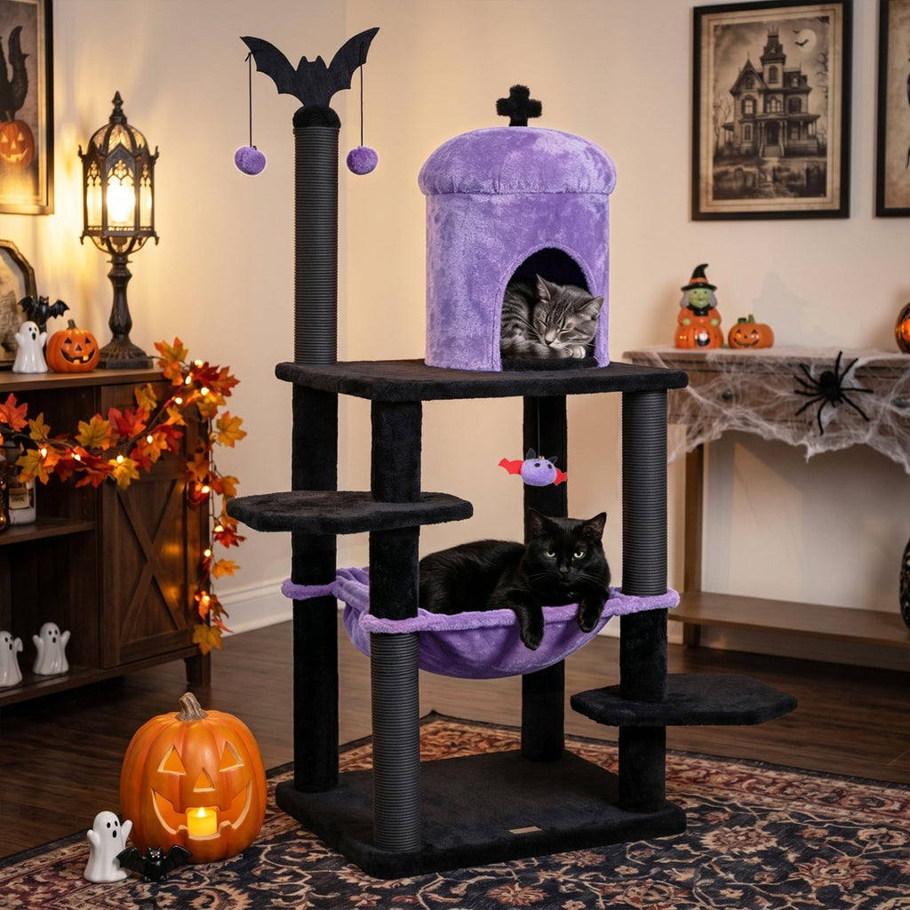 Gothic cat tree covered in soft plush fabric