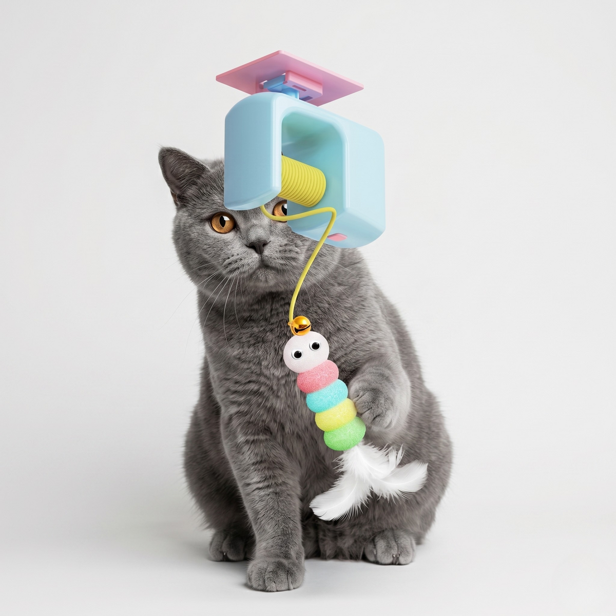 Hanging cat teaser that saves floor space in apartments, with varying bounce speed