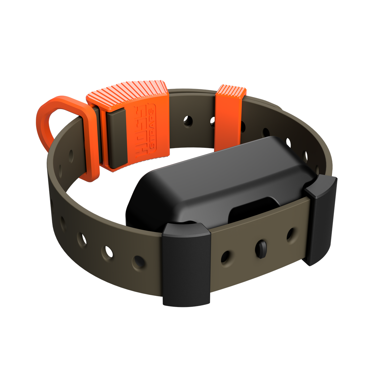 Blaze colorway Hoss Straps Training Collar Setup in orange and olive with the Garmin adapter