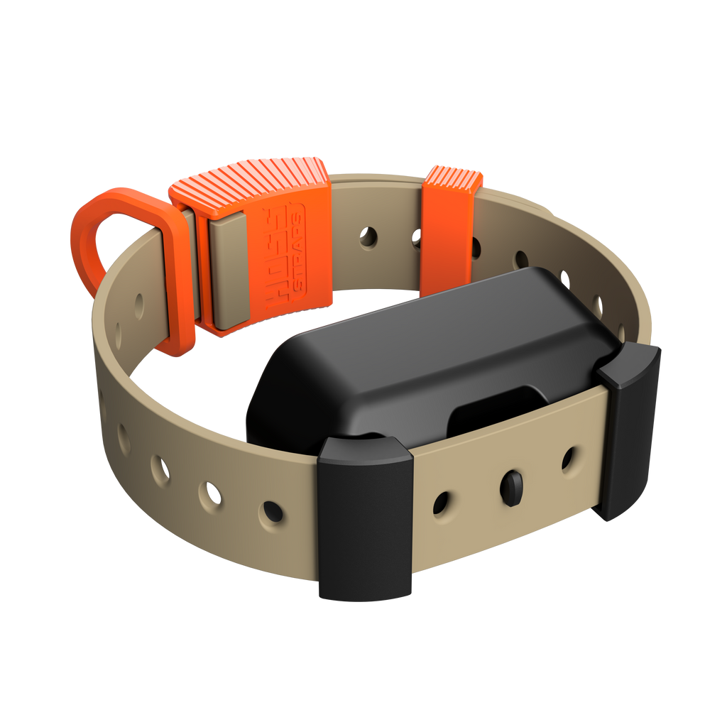 Covey colorway Hoss Straps Training Collar Setup in tan and orange with the Garmin adapter