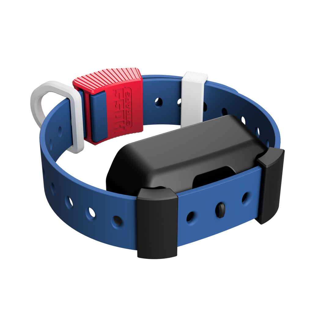 Freedom colorway Hoss Straps training collar in red, white and blue with the Garmin adapter