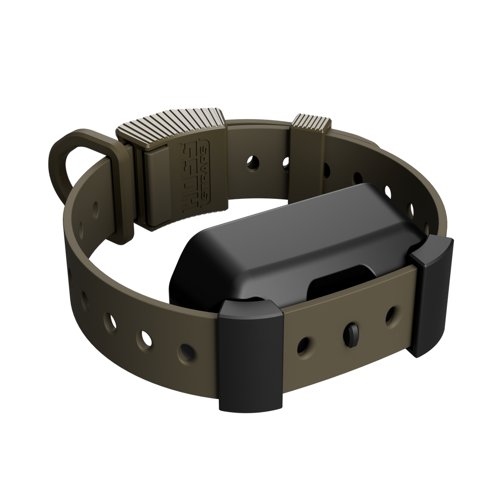 Olive Green Hoss Straps training collar and Garmin adapter, waterproof for wet field days