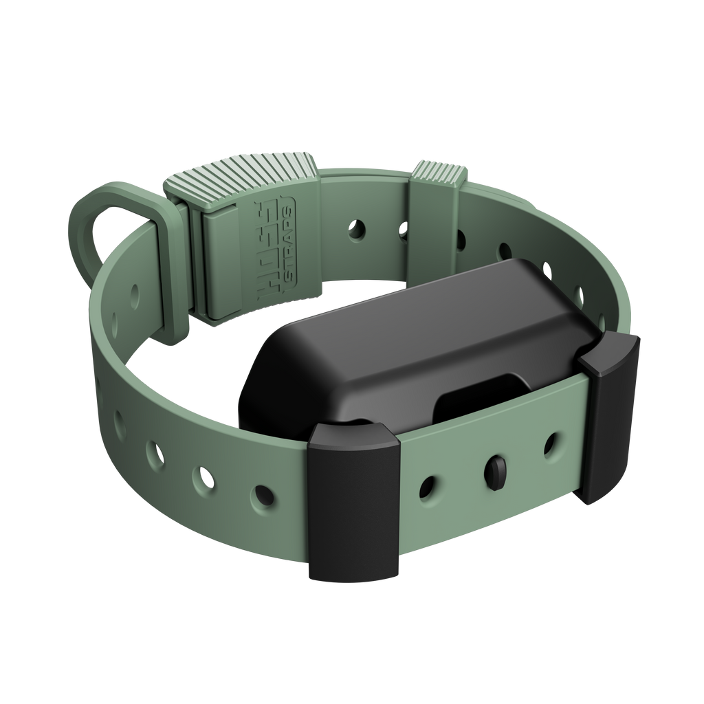 Seafoam Green Hoss Straps training collar shown with the adapter for Garmin training units