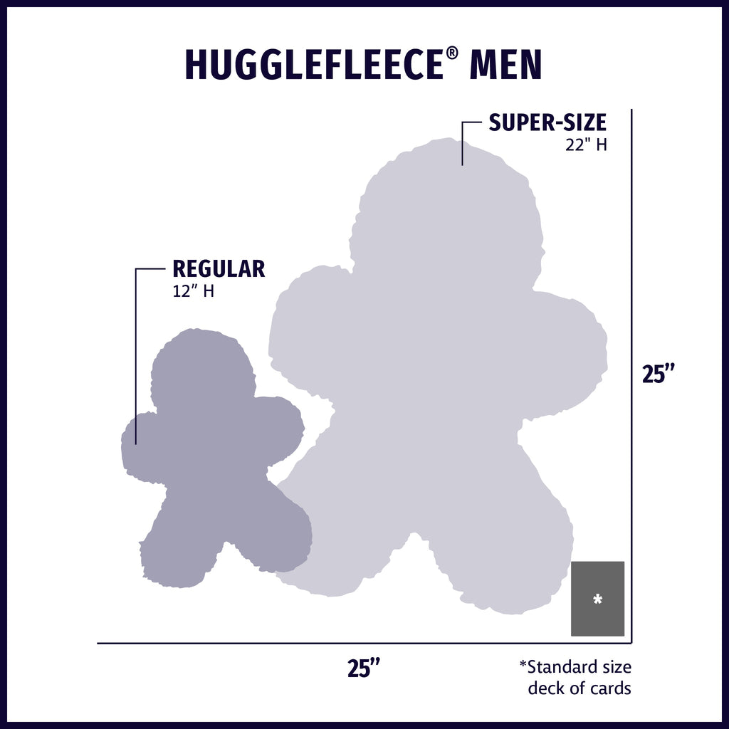 Size chart for the HuggleHounds HuggleFleece Man plush dog toy with approximate dimensions