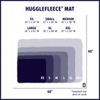 Size chart for HuggleHounds HuggleFleece Mat dog and cat beds with approximate dimensions