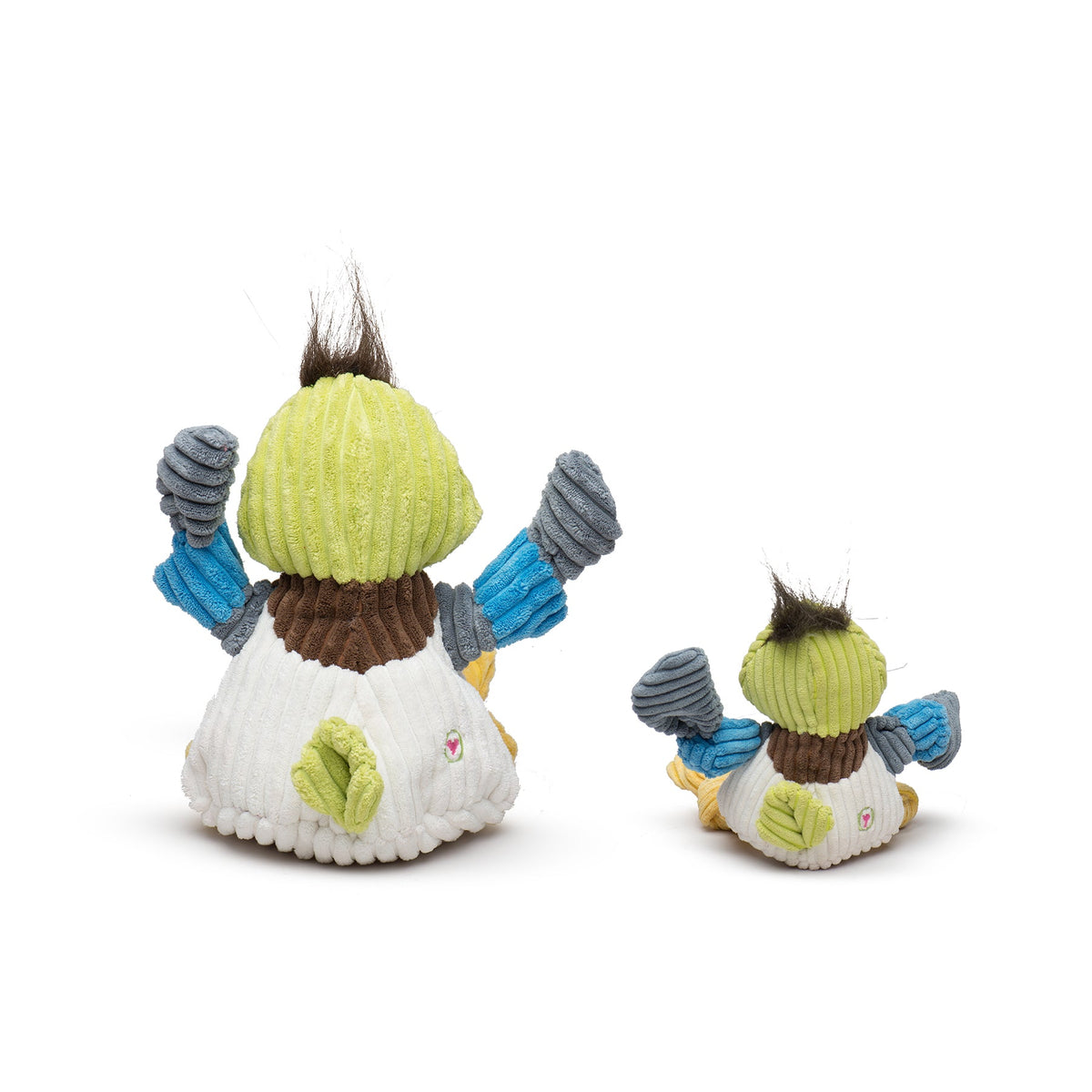 Dilly Duck Knottie by HuggleHounds, a multicolor corduroy duck dog toy with 5 squeakers inside