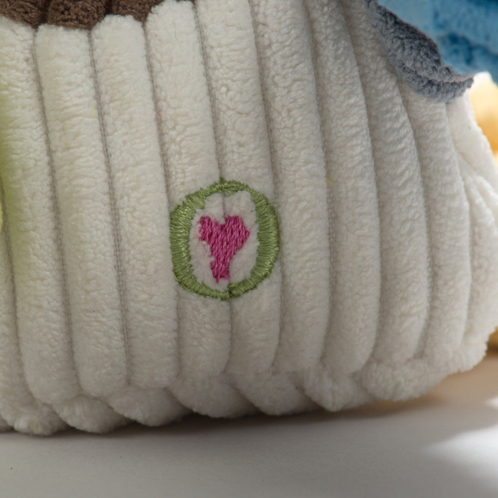 Dilly Duck Knottie corduroy dog toy by HuggleHounds with a Tuffut Technology mesh lining