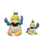 HuggleHounds Dilly Duck Knottie plush dog toy with a green face, yellow bill and knotted limbs