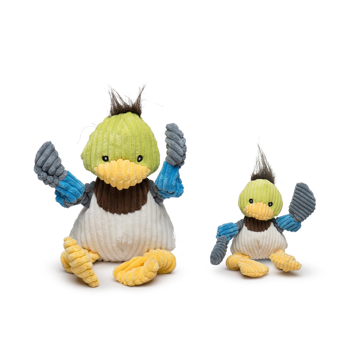 HuggleHounds Dilly Duck Knottie plush dog toy with a green face, yellow bill and knotted limbs