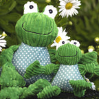 Green HuggleHounds Fergie Frog Knottie squeaky plush with a Tuffut Technology mesh lining