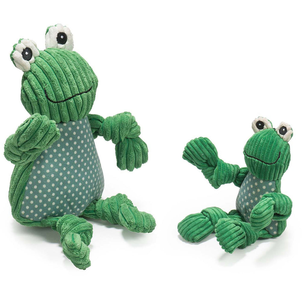 HuggleHounds Fergie Frog Knottie, a green plush frog dog toy with a polka-dot belly and 5 squeakers