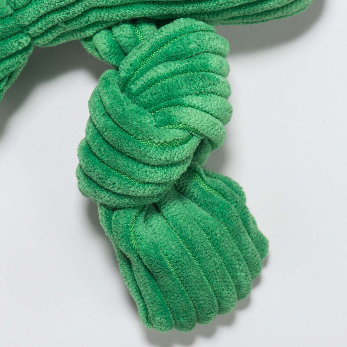 Small and large green Fergie Frog Knottie toys by HuggleHounds with polka-dot stomachs