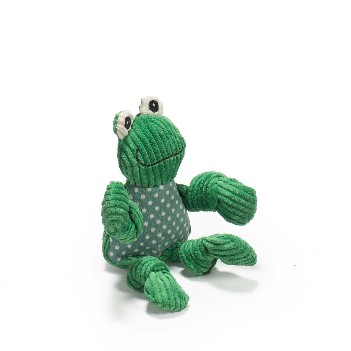 Small HuggleHounds Fergie Frog Knottie, about 9 inches tall, with a green and white dotted belly