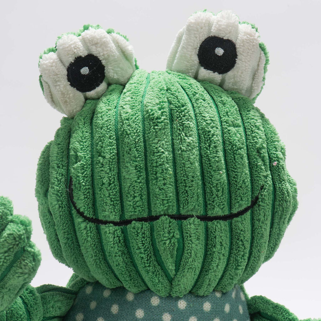 Fergie Frog Knottie plush dog toys from HuggleHounds in small and large, both green with 5 squeakers