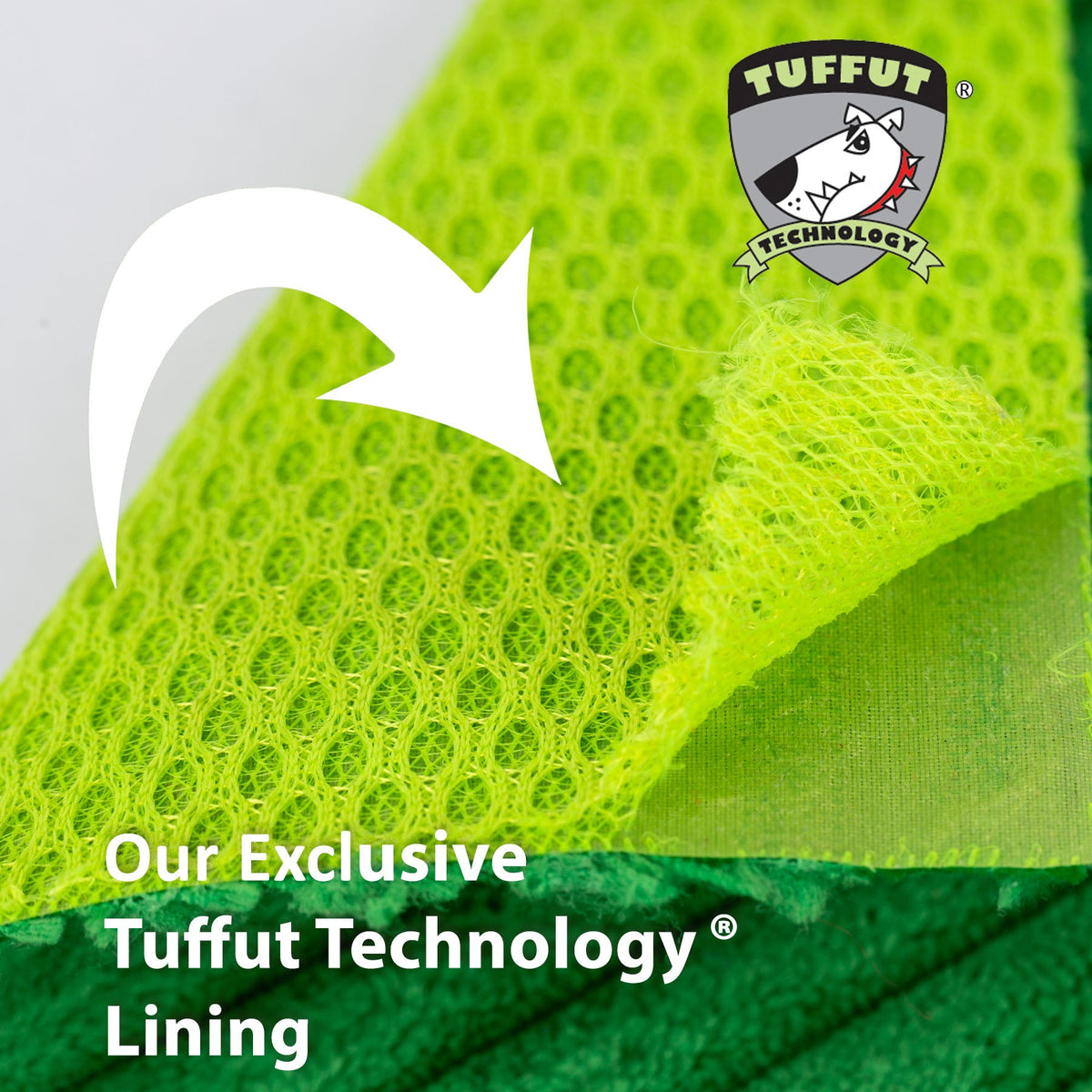 HuggleHounds Tuffut Technology lining graphic, the durable mesh inside the Fergie Frog Knottie