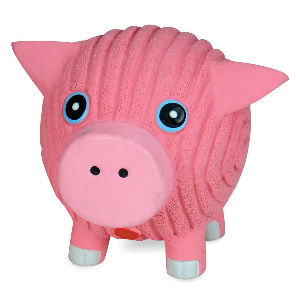 HuggleHounds Hamlet Pig Ruff-Tex latex ball dog toy, a 3-inch bright pink pig with blue eyes
