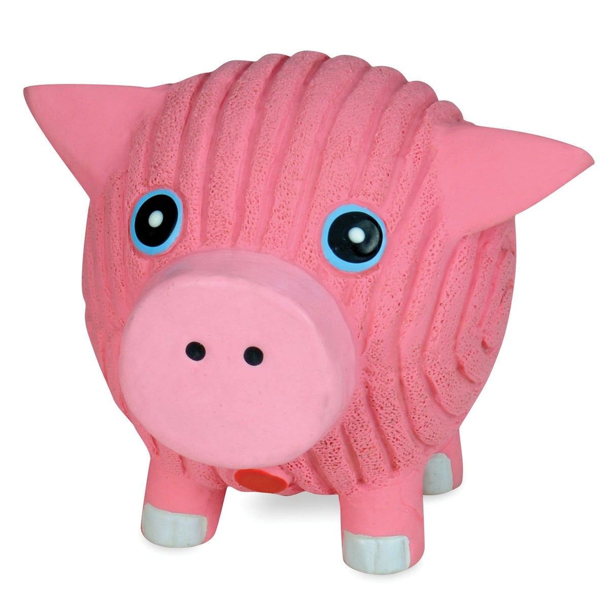 HuggleHounds Hamlet Pig Ruff-Tex latex ball dog toy, a 3-inch bright pink pig with blue eyes