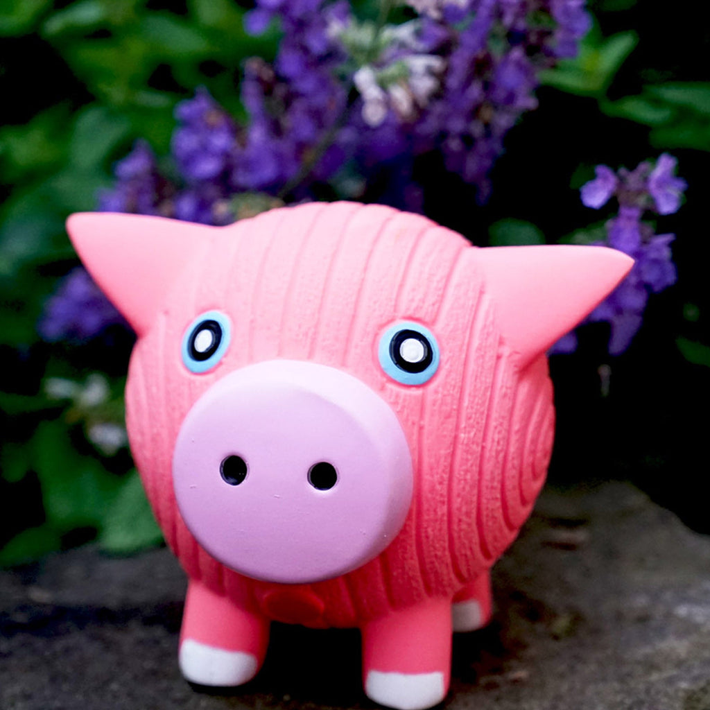 Hamlet Pig Ruff-Tex ball by HuggleHounds, a pink squeaky latex pig ball that bounces and floats