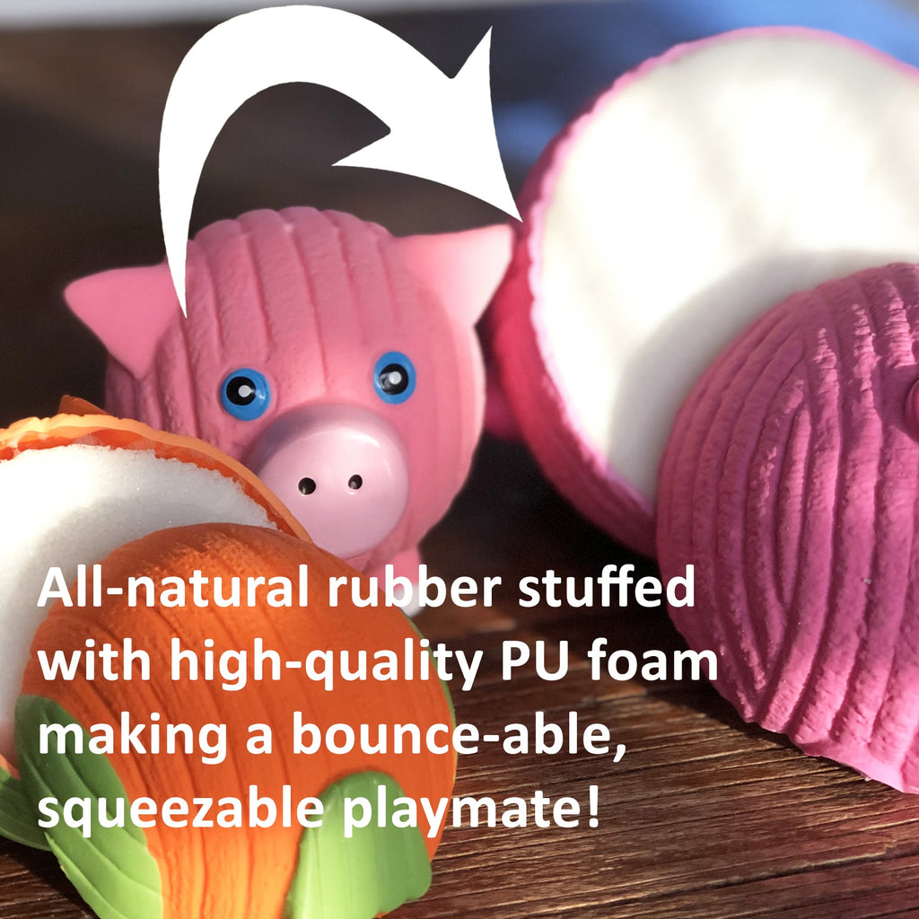 HuggleHounds Ruff-Tex graphic showing the PU foam filling inside the latex Hamlet Pig ball