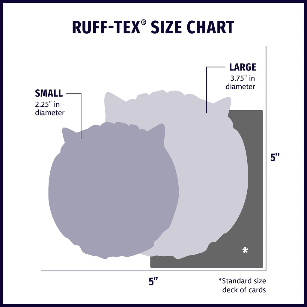 HuggleHounds Ruff-Tex size chart for Hamlet Pig, small and large balls next to a deck of cards
