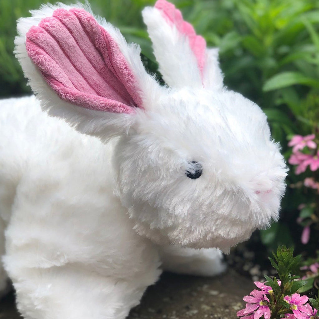 Soft white HuggleHounds Squooshie bunny dog toy with pink ears, made for carrying and cuddling