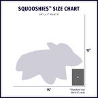 Size chart for HuggleHounds Squooshies plush dog toys, including the white Squooshie Bunny