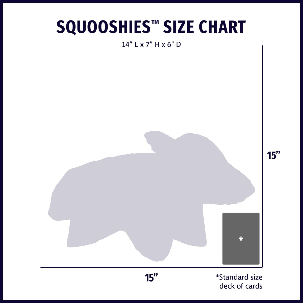 Size chart for HuggleHounds Squooshies plush dog toys, including the white Squooshie Bunny