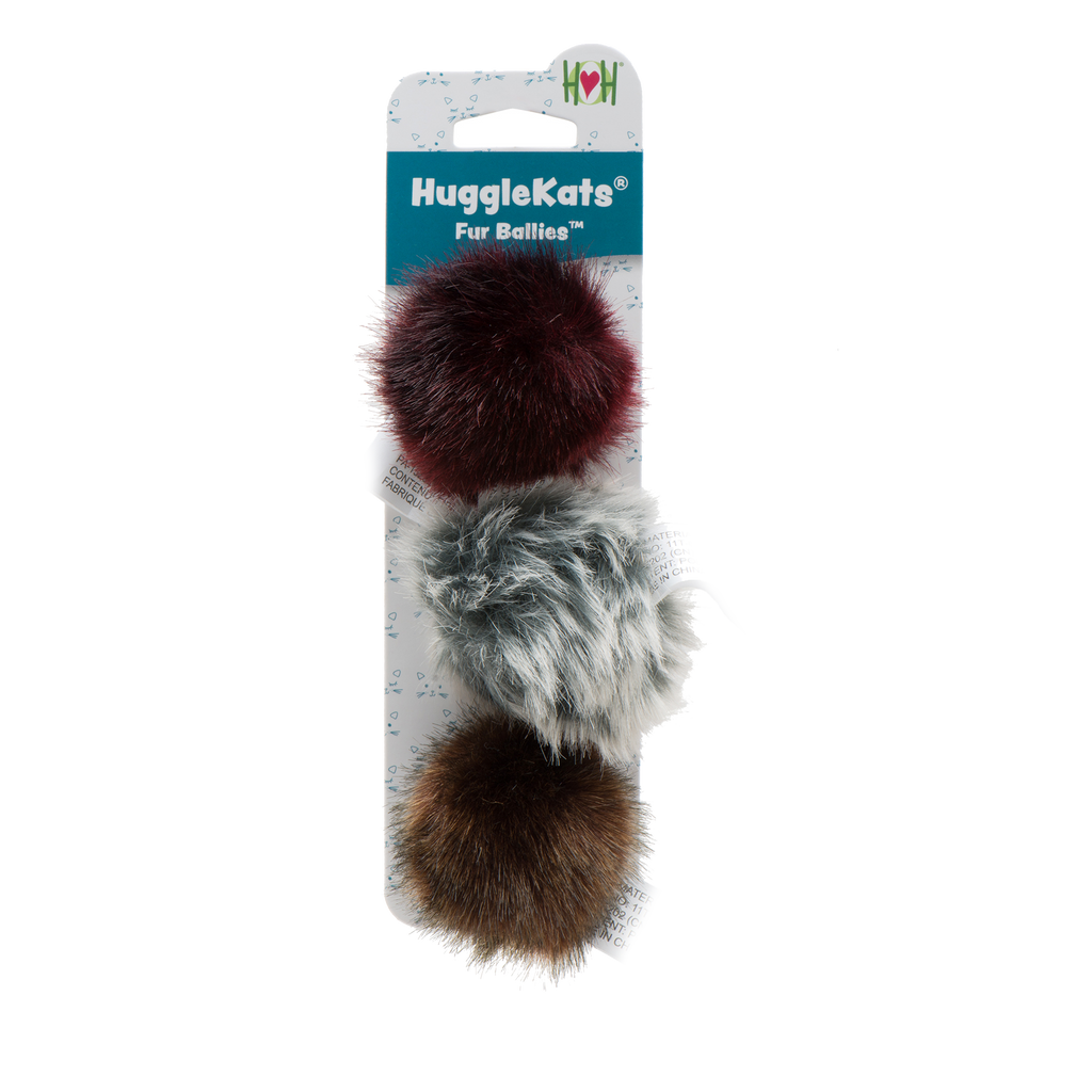 HuggleKats Fur Ballies 3-pack of faux fur catnip ball cat toys in maroon, gray and brown