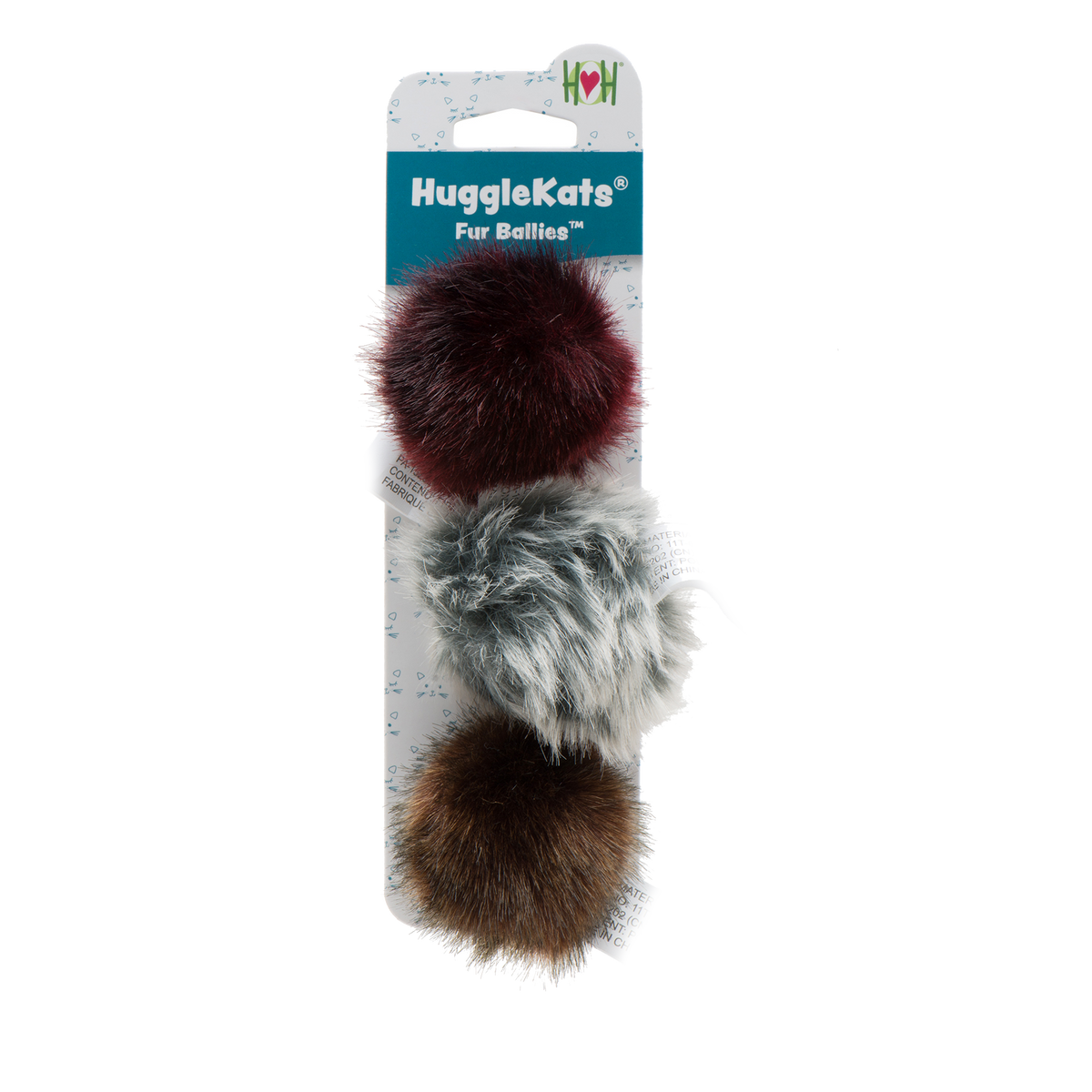 HuggleKats Fur Ballies 3-pack of faux fur catnip ball cat toys in maroon, gray and brown