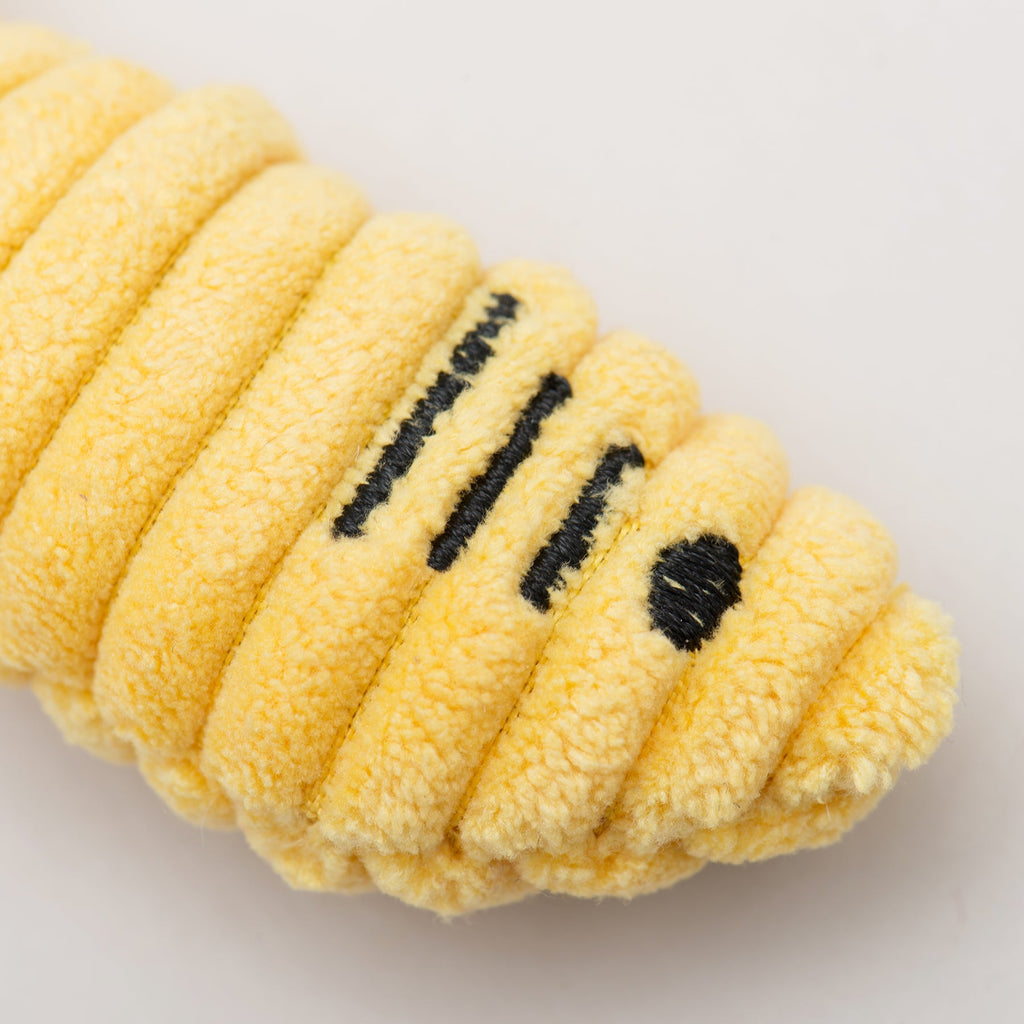 Stitched eye detail on a lightweight HuggleKats Sardinie crinkle fish toy for cats
