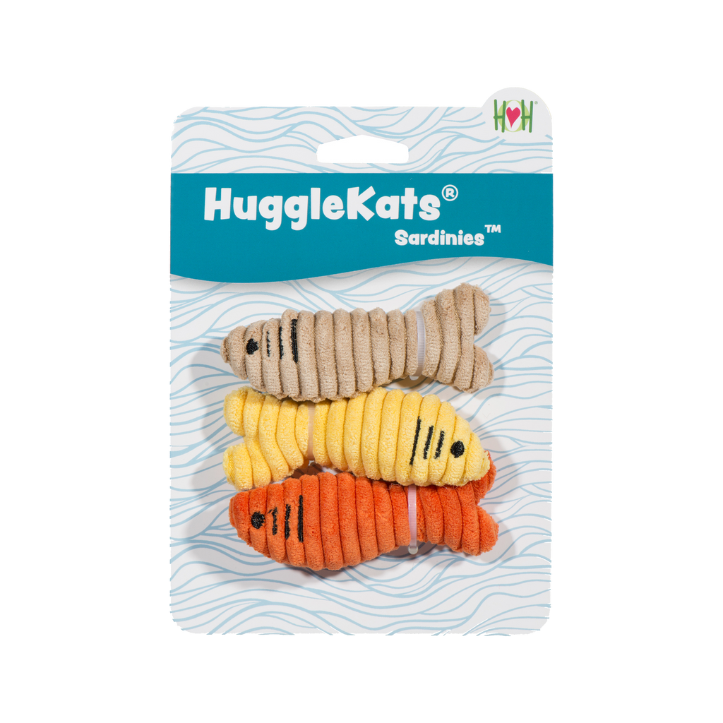 HuggleKats Sardinies 3-pack of crinkle catnip fish cat toys in yellow, orange and tan